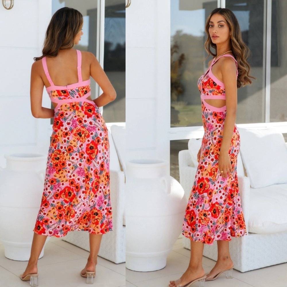 Hello Molly Cutely Preppy Midi Dress Pink Floral Cutout Halter Size US 2 XS - Picture 2 of 8